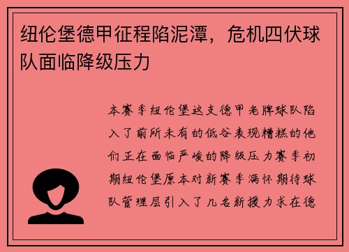 纽伦堡德甲征程陷泥潭，危机四伏球队面临降级压力