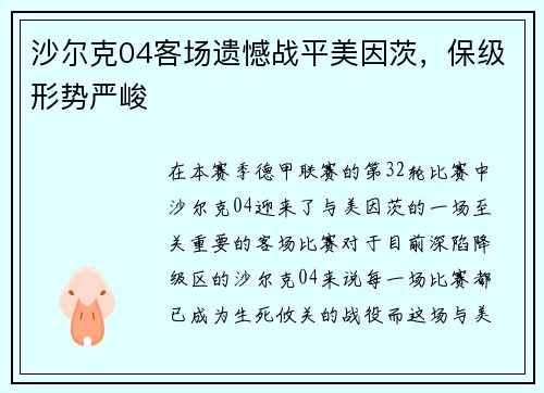 沙尔克04客场遗憾战平美因茨，保级形势严峻